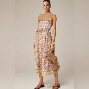 NWT‎ J Crew Ravenna dress sunset rose block-print ramie Strapless Smocked Large